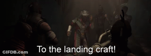 A Group Of People Are Dancing In A Dark Room With The Words " To The Landing Craft " Written On The Bottom GIF