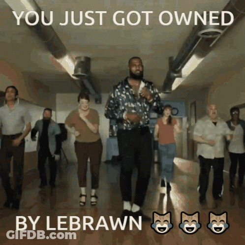 A Group Of People Are Dancing In A Hallway And The Caption Says You Just Got Owned By Lebrawn GIF