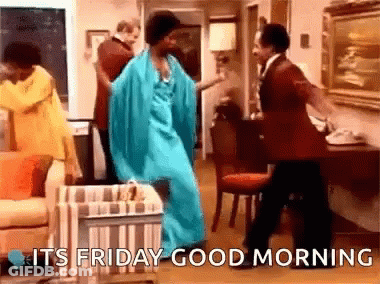 A Group Of People Are Dancing In A Living Room With The Words `` It 'S Friday Good Morning '' Above Them . GIF
