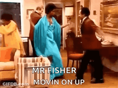 A Group Of People Are Dancing In A Living Room With The Words Mr Fisher Movin On Up Written On The Bottom . GIF