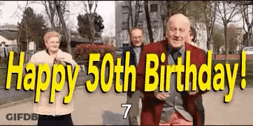 A Group Of People Are Dancing In A Park With The Words `` Happy 50Th Birthday '' Written Above Them . GIF