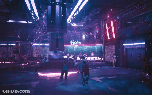 A Group Of People Are Dancing In A Room With A Sign That Says ' Ii ' GIF