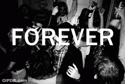 A Group Of People Are Dancing In A Room With The Word Forever Written In White GIF