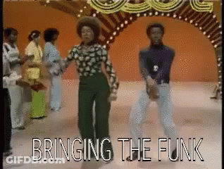 A Group Of People Are Dancing In A Room With The Words Bringing The Funk Above Them . GIF