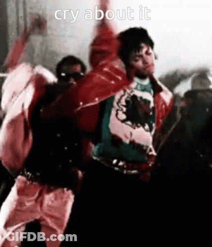 A Group Of People Are Dancing In A Room With The Words `` Cry About It '' On The Bottom . GIF