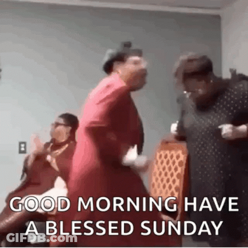 A Group Of People Are Dancing In A Room With The Words `` Good Morning Have A Blessed Sunday '' Written On It . GIF