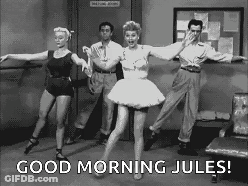 A Group Of People Are Dancing In A Room With The Words `` Good Morning Jules '' On The Bottom . GIF