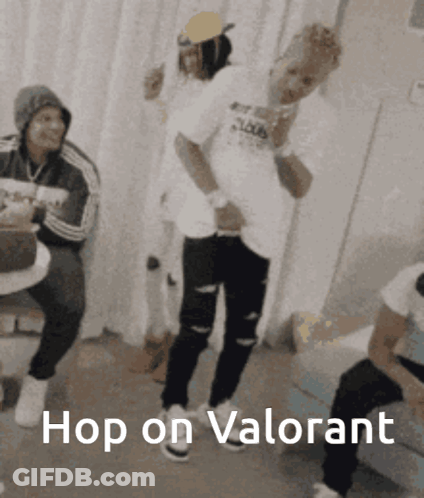 A Group Of People Are Dancing In A Room With The Words Hop On Valorant Above Them GIF