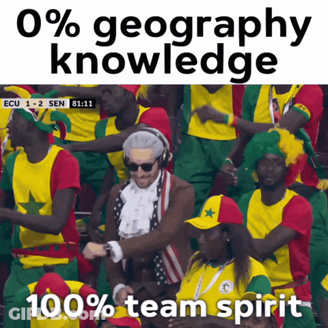 A Group Of People Are Dancing In A Stadium With The Words 0 % Geography Knowledge 100 % Team Spirit On The Bottom GIF