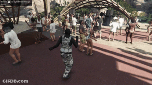A Group Of People Are Dancing In A Video Game With A Screen That Says ' Nocny ' At The Top GIF