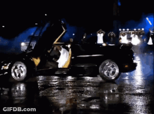 A Group Of People Are Dancing In Front Of A Car That Says Limousine GIF