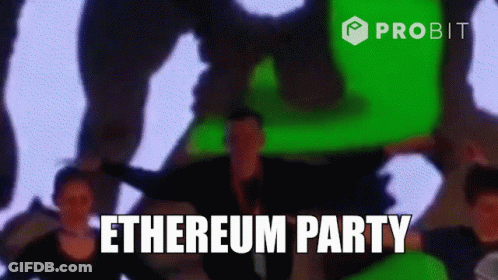A Group Of People Are Dancing In Front Of A Green Background That Says Etherum Party GIF