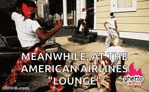 A Group Of People Are Dancing In Front Of A House And The Caption Reads Meanwhile At The American Airlines Lounge GIF