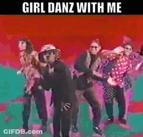A Group Of People Are Dancing In Front Of A Red Background With The Words Girl Danz With Me Written On It . GIF
