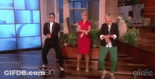 A Group Of People Are Dancing In Front Of A Screen That Says Ellen GIF
