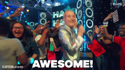 A Group Of People Are Dancing In Front Of A Sign That Says Awesome On It GIF