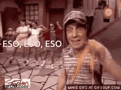 A Group Of People Are Dancing In Front Of A Sign That Says " Eso " GIF