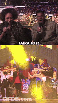 A Group Of People Are Dancing In Front Of A Sign That Says Los Angeles On It GIF