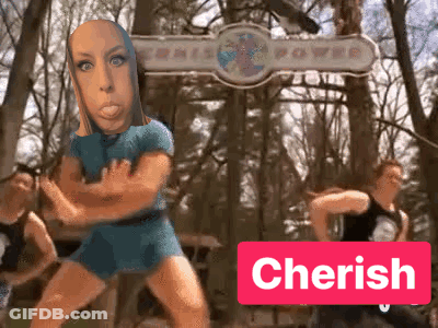 A Group Of People Are Dancing In Front Of A Sign That Says ' Sonic Power ' GIF