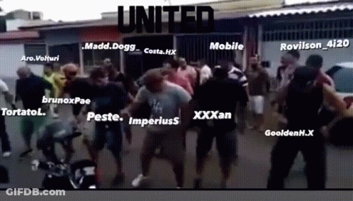 A Group Of People Are Dancing In Front Of A Sign That Says United On It GIF