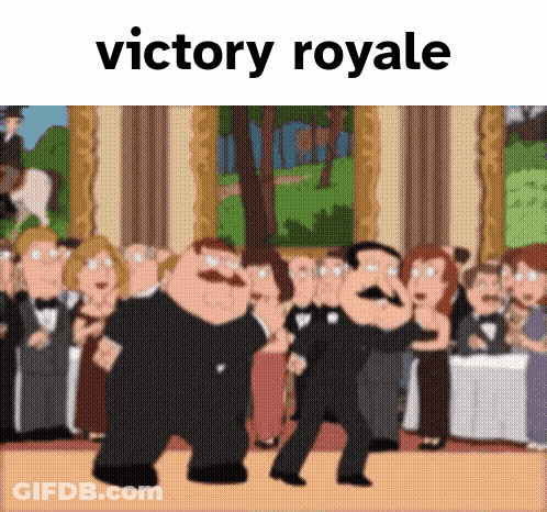 A Group Of People Are Dancing In Front Of A Sign That Says Victory Royale . GIF