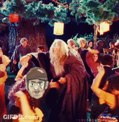 A Group Of People Are Dancing In Front Of A Tree And A Sign That Says ' Peregrine ' On It GIF