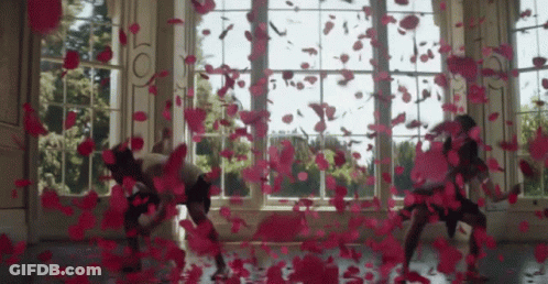 A Group Of People Are Dancing In Front Of A Window With Petals Falling On The Floor GIF