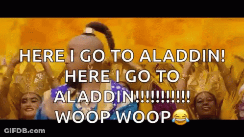 A Group Of People Are Dancing In Front Of A Yellow Background With The Words Here I Go To Aladdin Here I Go To Aladdin . GIF