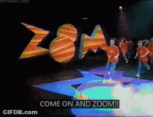 A Group Of People Are Dancing In Front Of A Zoom Sign GIF