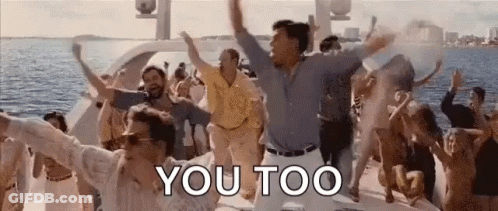 A Group Of People Are Dancing On A Boat With The Words `` You Too '' Written Above Them . GIF