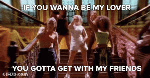 A Group Of People Are Dancing On A Set Of Stairs With A Caption That Says If You Wanna Be My Lover GIF