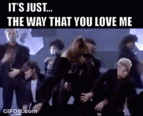 A Group Of People Are Dancing On A Stage With A Caption That Says `` It 'S Just ... The Way That You Love Me '' GIF