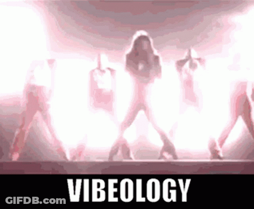 A Group Of People Are Dancing On A Stage With The Word Vibeology Written On The Bottom GIF