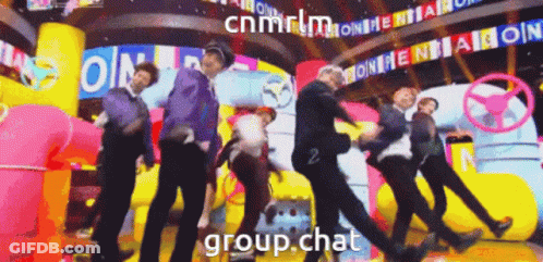A Group Of People Are Dancing On A Stage With The Words Group Chat In The Lower Right Corner GIF