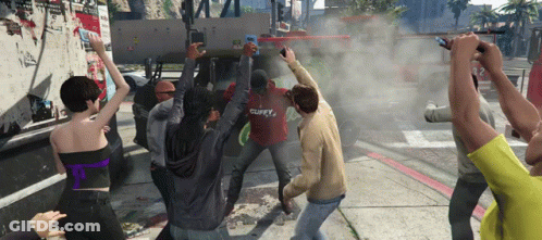A Group Of People Are Dancing On A Street And One Of Them Is Wearing A Shirt That Says Cliffy GIF