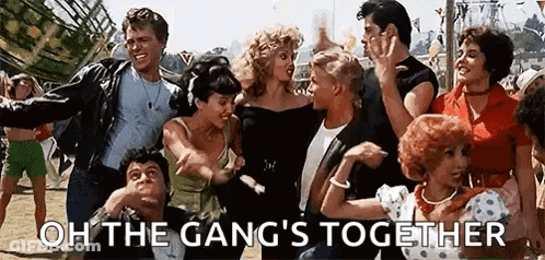 A Group Of People Are Dancing Together In A Park And The Words `` Oh The Gang 'S Together '' Are Written Above Them . GIF