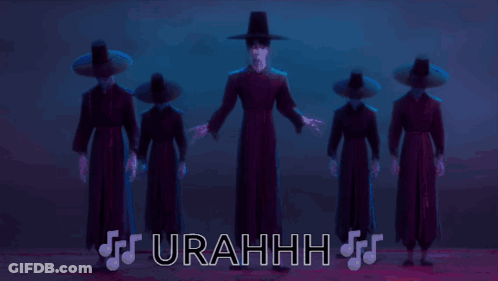 A Group Of People Are Dancing With The Word Urahhh Behind Them GIF