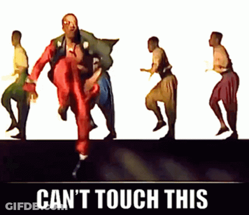 A Group Of People Are Dancing With The Words " Can 'T Touch This " On The Bottom GIF