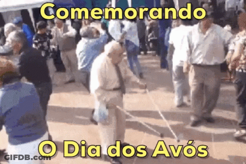 A Group Of People Are Dancing With The Words Comemorando O Dia Dos Avos On The Bottom GIF