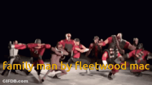 A Group Of People Are Dancing With The Words Family Man By Fleetwood Mac Written In Yellow GIF
