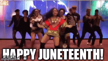 A Group Of People Are Dancing With The Words Happy Juneteenth Below Them GIF