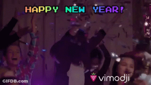 A Group Of People Are Dancing With The Words Happy New Year Written In The Background GIF
