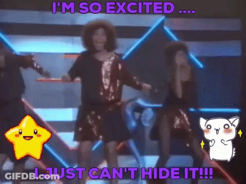 A Group Of People Are Dancing With The Words I 'M So Excited I Just Can T Hide It GIF