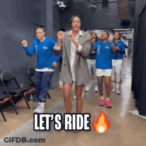 A Group Of People Are Dancing With The Words Let 'S Ride In The Corner GIF