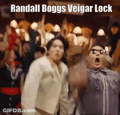 A Group Of People Are Dancing With The Words Randall Boggs Veigar Lock Written Above Them GIF
