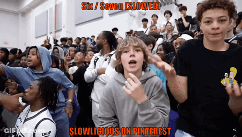A Group Of People Are Dancing With The Words Six / Seven ( Slowed ) Slowlicious On Pinterest Below Them GIF
