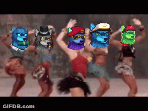 A Group Of People Are Dancing With Their Faces On A Screen GIF
