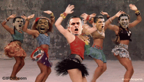 A Group Of People Are Dancing With Their Faces On Their Heads And The Caption Mourinhospenis GIF