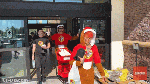 A Group Of People Are Entering A Store With A Sign That Says Subscribe On It GIF
