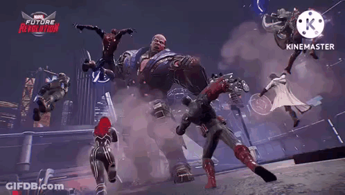 A Group Of People Are Fighting Each Other In A Video Game Called Marvel Future Revolution . GIF